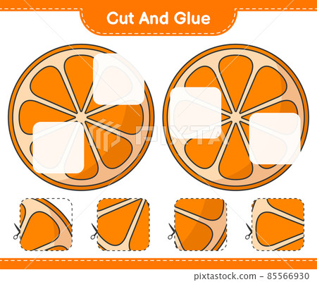 Cut and glue, cut parts of Orange and glue them. Educational children game, printable worksheet, vector illustration 85566930