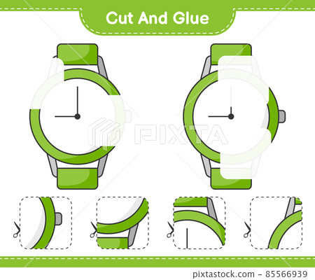 Cut and glue, cut parts of Watches and glue them. Educational children game, printable worksheet, vector illustration 85566939