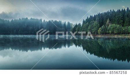 Beautiful scenic view of Savsat Karagol Black lake in Eastern Black Sea region with morning evaporation. Savsat Karagol lake is a large trout lake in the forest in Artvin, Turkey 85567258