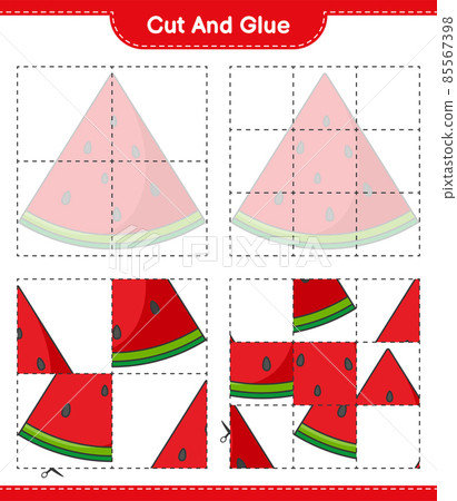 Cut and glue, cut parts of Watermelon and glue them. Educational children game, printable worksheet, vector illustration Cut and glue, cut parts of Watermelon and glue them. Educational children game, printable worksheet, vector illustration 85567398