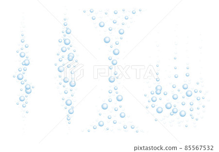 Underwater bubbles of fizzing soda. Streams of air. Dissolving tablets. Realistic oxygen pop in effervescent drink. Blue vector sparkles on white background. 85567532