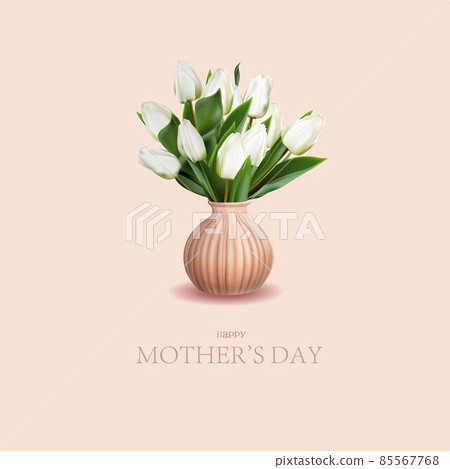 REALISTIC BOUQUET OF TULIPS. banner for mothers day.White tulips on pink background.yu Happy mothers day greeting card. An elegant gift for mom 85567768