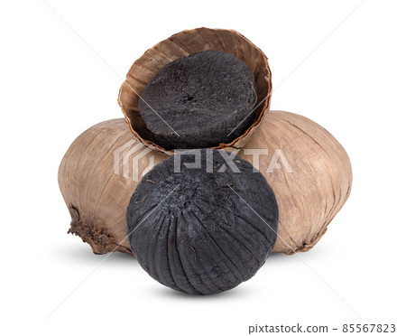Black garlic bulbs on white background Black garlic bulbs on white background 85567823