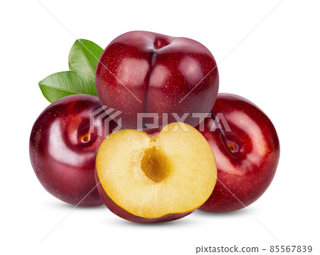 red cherry plum with leaf isolated on white background 85567839