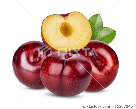 red cherry plum with leaf isolated on white background 85567840
