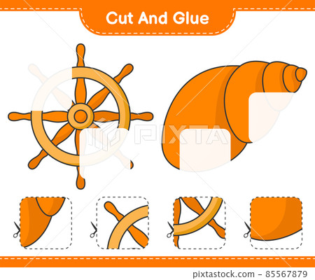 Cut and glue, cut parts of Ship Steering Wheel, Sea Shells and glue them. Educational children game, printable worksheet, vector illustration Cut and glue, cut parts of Ship Steering Wheel, Sea Shells and glue them. Educational children game, printable worksheet, vector illustration 85567879