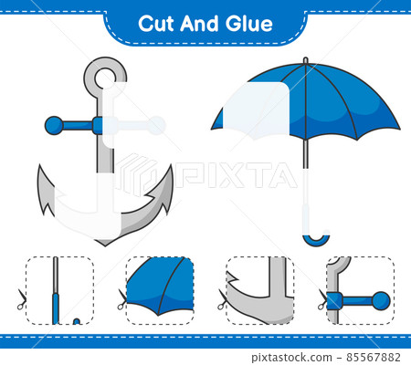 Cut and glue, cut parts of Umbrella, Anchor and glue them. Educational children game, printable worksheet, vector illustration Cut and glue, cut parts of Umbrella, Anchor and glue them. Educational children game, printable worksheet, vector illustration 85567882