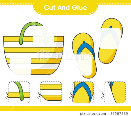 Cut and glue, cut parts of Beach Bag, Flip Flop and glue them. Educational children game, printable worksheet, vector illustration 85567889