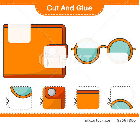 Cut and glue, cut parts of Wallet, Sunglasses and glue them. Educational children game, printable worksheet, vector illustration 85567890
