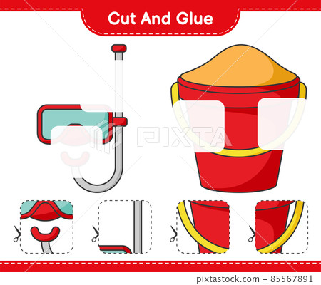 Cut and glue, cut parts of Sand Bucket, Scuba Diving Mask and glue them. Educational children game, printable worksheet, vector illustration 85567891