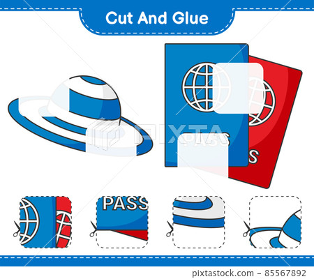 Cut and glue, cut parts of Summer Hat, Passport and glue them. Educational children game, printable worksheet, vector illustration 85567892