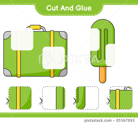 Cut and glue, cut parts of Luggage, Ice Cream and glue them. Educational children game, printable worksheet, vector illustration 85567893
