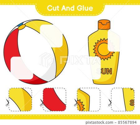 Cut and glue, cut parts of Sunscreen, Beach Ball and glue them. Educational children game, printable worksheet, vector illustration 85567894