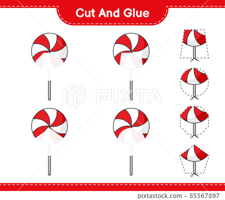 Cut and glue, cut parts of Candy and glue them. Educational children game, printable worksheet, vector illustration Cut and glue, cut parts of Candy and glue them. Educational children game, printable worksheet, vector illustration 85567897