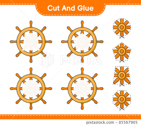 Cut and glue, cut parts of Ship Steering Wheel and glue them. Educational children game, printable worksheet, vector illustration Cut and glue, cut parts of Ship Steering Wheel and glue them. Educational children game, printable worksheet, vector illustration 85567905