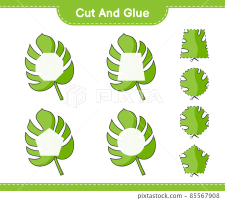 Cut and glue, cut parts of Monstera and glue them. Educational children game, printable worksheet, vector illustration Cut and glue, cut parts of Monstera and glue them. Educational children game, printable worksheet, vector illustration 85567908