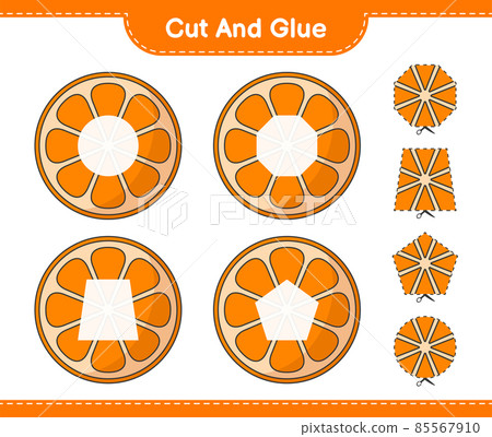 Cut and glue, cut parts of Orange and glue them. Educational children game, printable worksheet, vector illustration 85567910