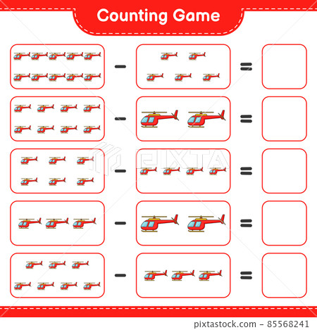 Count and match, count the number of Helicopter and match with the right numbers. Educational children game, printable worksheet, vector illustration 85568241
