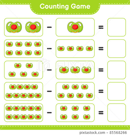 Count and match, count the number of Pacifier and match with the right numbers. Educational children game, printable worksheet, vector illustration Count and match, count the number of Pacifier and match with the right numbers. Educational children game, printable worksheet, vector illustration 85568266