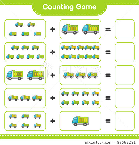 Count and match, count the number of Lorry and match with the right numbers. Educational children game, printable worksheet, vector illustration 85568281