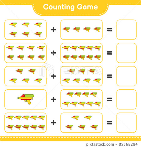 Count and match, count the number of Water Gun and match with the right numbers. Educational children game, printable worksheet, vector illustration 85568284