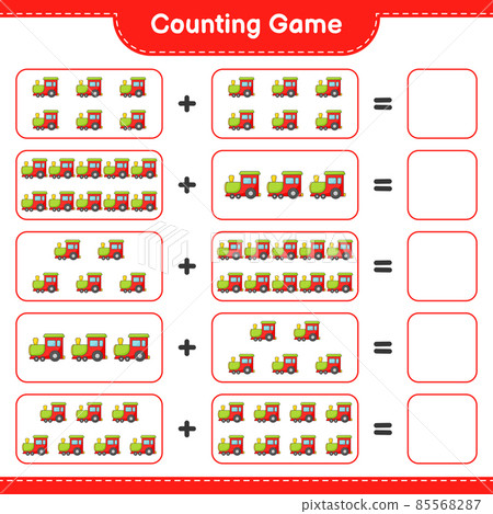Count and match, count the number of Train and match with the right numbers. Educational children game, printable worksheet, vector illustration Count and match, count the number of Train and match with the right numbers. Educational children game, printable worksheet, vector illustration 85568287