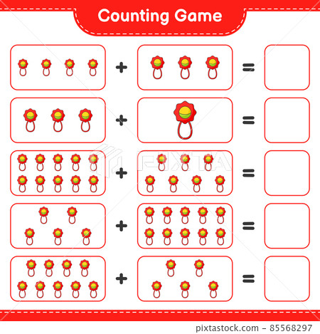 Count and match, count the number of Baby Rattle and match with the right numbers. Educational children game, printable worksheet, vector illustration Count and match, count the number of Baby Rattle and match with the right numbers. Educational children game, printable worksheet, vector illustration 85568297