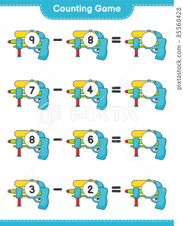 Count and match, count the number of Water Gun and match with the right numbers. Educational children game, printable worksheet, vector illustration Count and match, count the number of Water Gun and match with the right numbers. Educational children game, printable worksheet, vector illustration 85568428