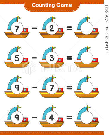 Count and match, count the number of Boat and match with the right numbers. Educational children game, printable worksheet, vector illustration 85568431