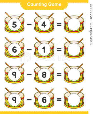 Count and match, count the number of Drum and match with the right numbers. Educational children game, printable worksheet, vector illustration Count and match, count the number of Drum and match with the right numbers. Educational children game, printable worksheet, vector illustration 85568436