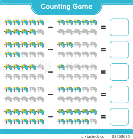 Count and match, count the number of Water Gun and match with the right numbers. Educational children game, printable worksheet, vector illustration Count and match, count the number of Water Gun and match with the right numbers. Educational children game, printable worksheet, vector illustration 85568620