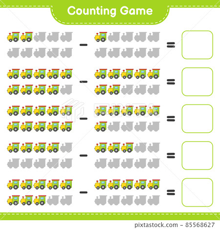 Count and match, count the number of Train and match with the right numbers. Educational children game, printable worksheet, vector illustration Count and match, count the number of Train and match with the right numbers. Educational children game, printable worksheet, vector illustration 85568627