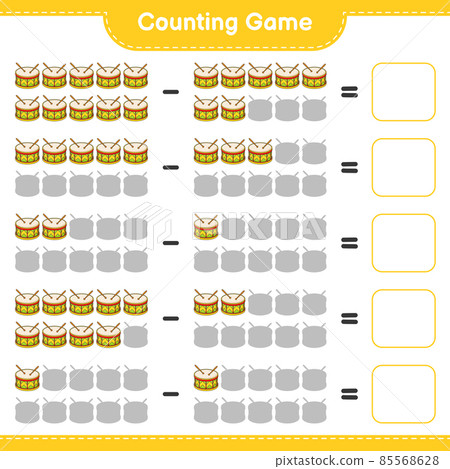 Count and match, count the number of Drum and match with the right numbers. Educational children game, printable worksheet, vector illustration Count and match, count the number of Drum and match with the right numbers. Educational children game, printable worksheet, vector illustration 85568628