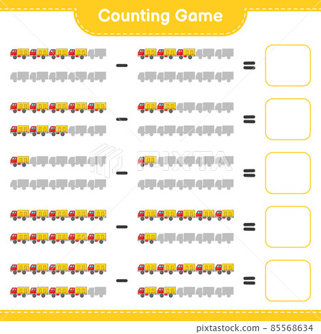 Count and match, count the number of Lorry and match with the right numbers. Educational children game, printable worksheet, vector illustration Count and match, count the number of Lorry and match with the right numbers. Educational children game, printable worksheet, vector illustration 85568634