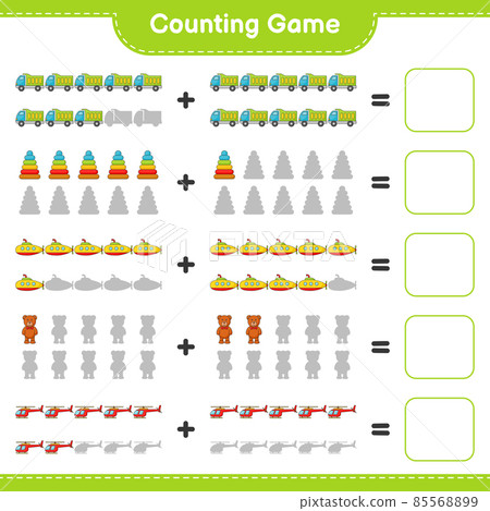 Count and match, count the number of Helicopter, Lorry, Pyramid Toy, Submarine, Teddy Bear and match with the right numbers. Educational children game, printable worksheet, vector illustration Count and match, count the number of Helicopter, Lorry, Pyramid Toy, Submarine, Teddy Bear and match with the right numbers. Educational children game, printable worksheet, vector illustration 85568899