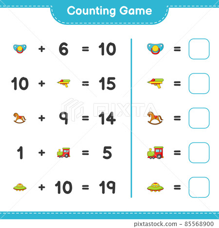 Count and match, count the number of Train, Ufo, Pacifier, Water Gun, Rocking Horse and match with the right numbers. Educational children game, printable worksheet, vector illustration Count and match, count the number of Train, Ufo, Pacifier, Water Gun, Rocking Horse and match with the right numbers. Educational children game, printable worksheet, vector illustration 85568900