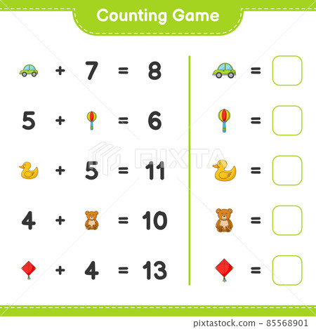 Count and match, count the number of Kite, Car, Baby Rattle, Rubber Duck, Teddy Bear and match with the right numbers. Educational children game, printable worksheet, vector illustration Count and match, count the number of Kite, Car, Baby Rattle, Rubber Duck, Teddy Bear and match with the right numbers. Educational children game, printable worksheet, vector illustration 85568901