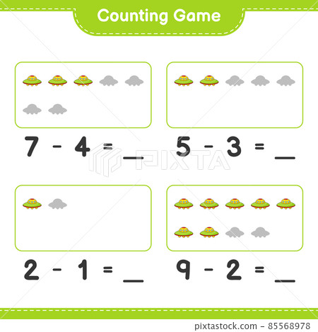 Count and match, count the number of Ufo and match with the right numbers. Educational children game, printable worksheet, vector illustration 85568978