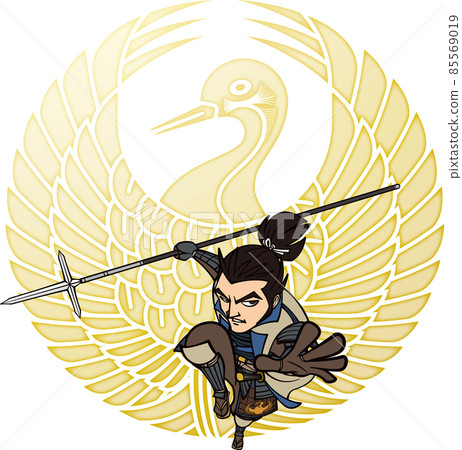 Mori Yoshinari, armed and jumping with a spear [3 heads, family crest] 85569019