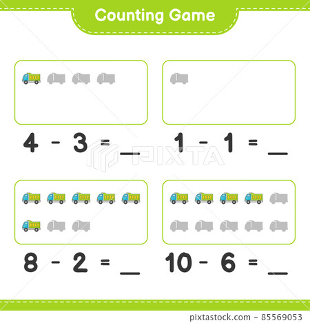 Count and match, count the number of Lorry and match with the right numbers. Educational children game, printable worksheet, vector illustration 85569053