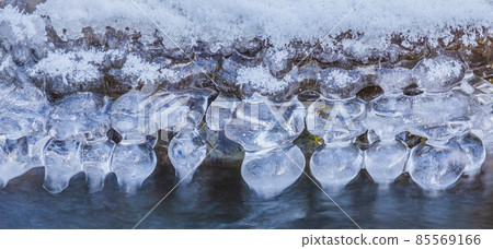 Icicles at winter, cold weather with icicles over river stream Icicles at winter, cold weather with icicles over river stream 85569166