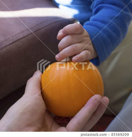 a child plays with a pumpkin on the sill a child plays with a pumpkin on the sill 85569209