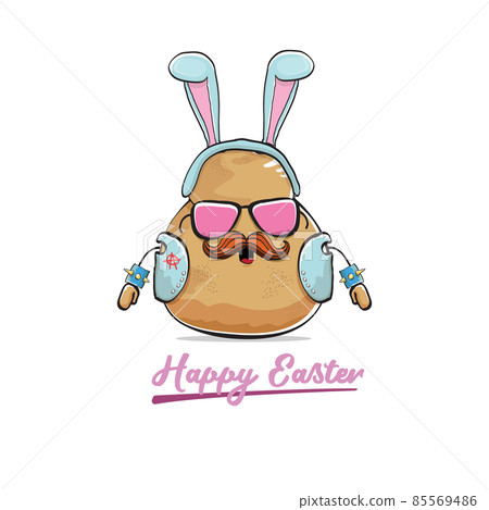 Vector rock star easter potato funny cartoon character with blue easter bunny ears isolated on white background. rock n roll easter party poster or happy easter greeting card Vector rock star easter potato funny cartoon character with blue easter bunny ears isolated on white background. rock n roll easter party poster or happy easter greeting card 85569486