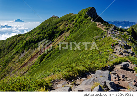 Yatsugatake mountain range, Yokodake rock peak and Mt. Fuji in summer 85569552