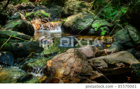 Clean and pure water streams in the creek flow through the rock boulders, Beraliya tropical rainforest. Peaceful natural scenery landscape shot. Clean and pure water streams in the creek flow through the rock boulders, Beraliya tropical rainforest. Peaceful natural scenery landscape shot. 85570081