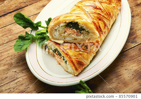 Salmon baked in dough. Salmon baked in dough. 85570901