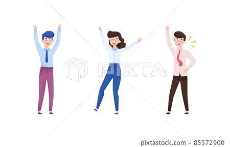 Excited Man and Woman Employee Cheering About Achievement and Prize Gaining Vector Set 85572900