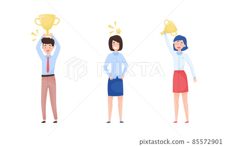 Excited Man and Woman Employee Cheering About Achievement and Prize Gaining Vector Set 85572901