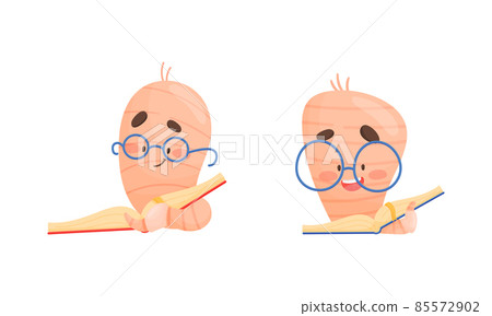 Cute Book Worm Character in Glasses with Book in Hard Cover Vector Set Cute Book Worm Character in Glasses with Book in Hard Cover Vector Set 85572902