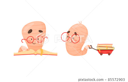 Cute Book Worm Character in Glasses Pulling Trolley with Book Stack Vector Set Cute Book Worm Character in Glasses Pulling Trolley with Book Stack Vector Set 85572903